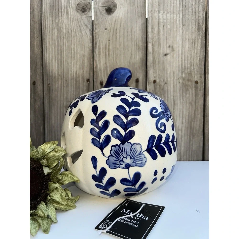 Martha Stewart Fall Halloween Ceramic Pumpkin Jack O Lantern Blue White Candle